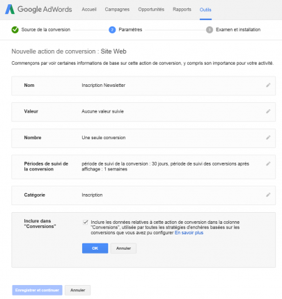 Nouvelle action de conversion