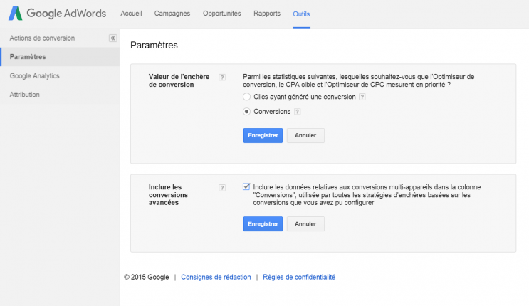 Paramètres de conversions Adwords