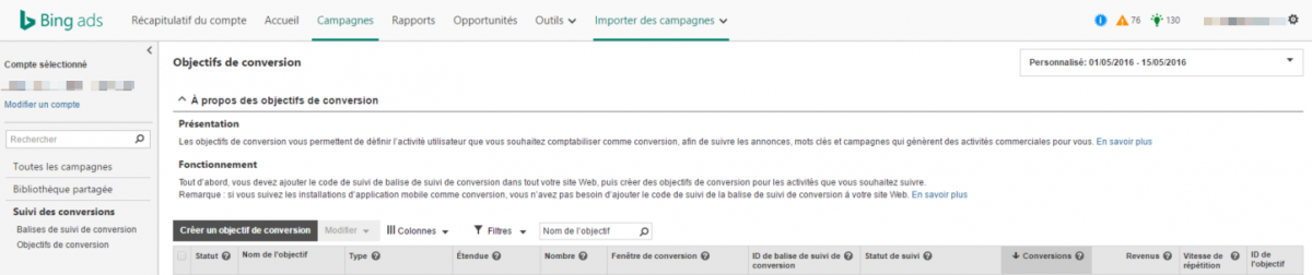 Capture suivi conversion bing