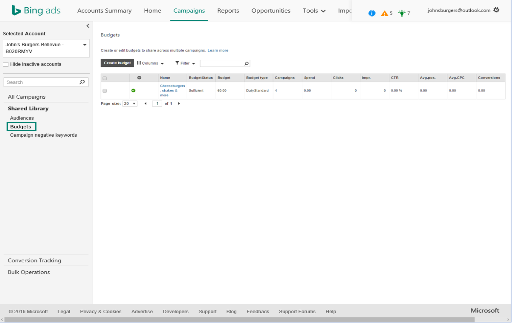 budgets partagés bing ads
