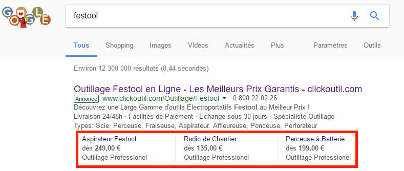 Extension de prix Adwords