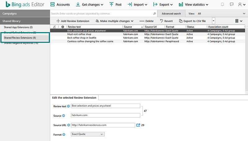 Extension d'avis sur BingAds Editor
