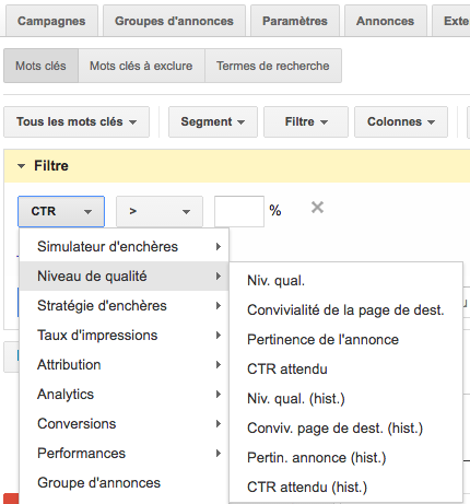 Filtres Google AdWords