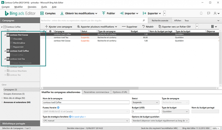Selection multiple bing ads editor