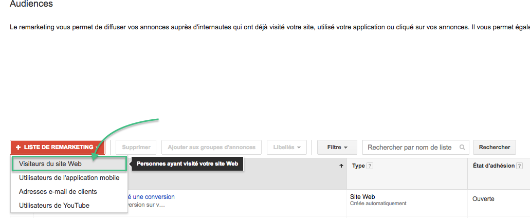 Création liste de remarketing AdWords