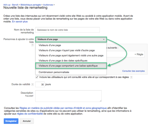 Nouvelle liste de remarketing AdWords