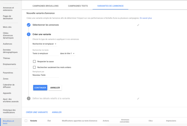 Variantes de l'annonce