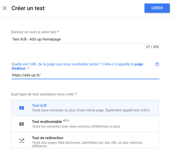 Types de test sur Optimize