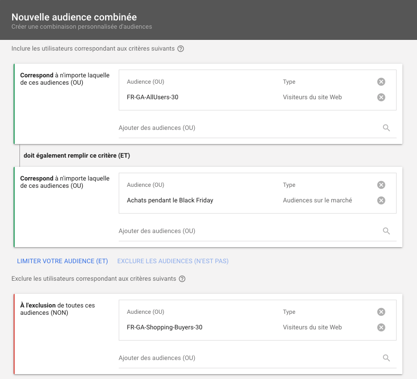 Audience combinée pour le remarketing - Black Friday