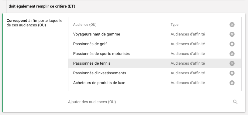 Centres d'intérêt - Audiences combinées - Google Ads