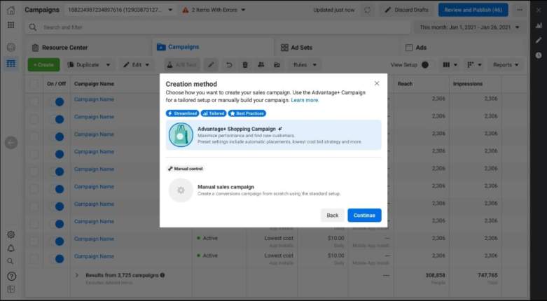 Un aperçu de l'outil Advantage+. Source : Meta