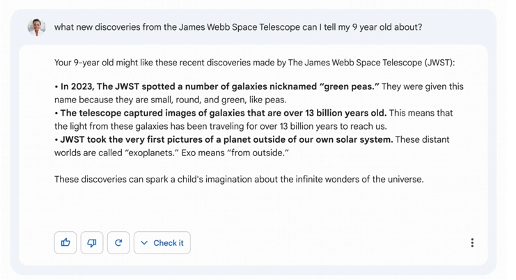 Un exemple de réponse adaptée à un profil d'utilisateur précis sur Bard. Source : Google.