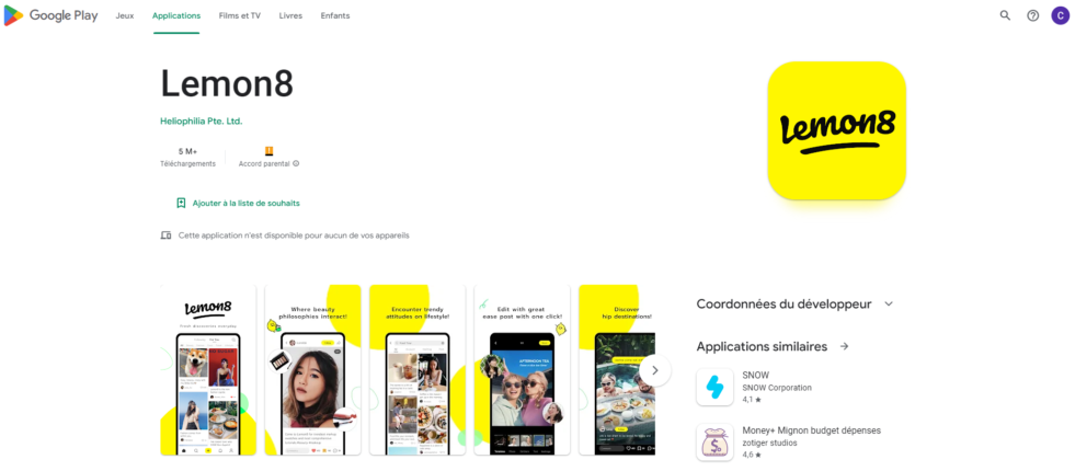 Lemon8 est présent sur les stores. Source : Google Play.