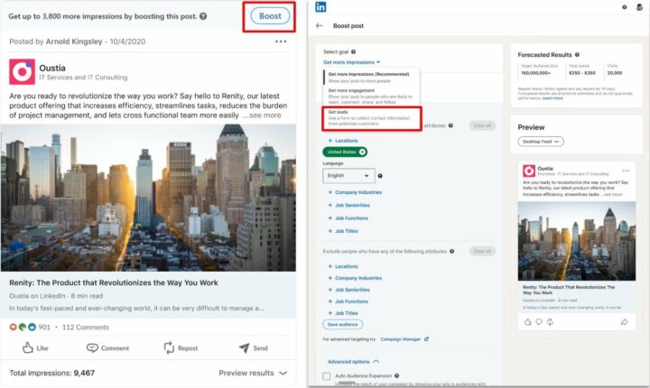LinkedIn ajoute la génération de leads aux « boosted posts »