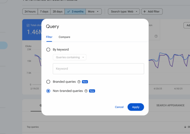 Google Search Console filtre les requêtes de marque